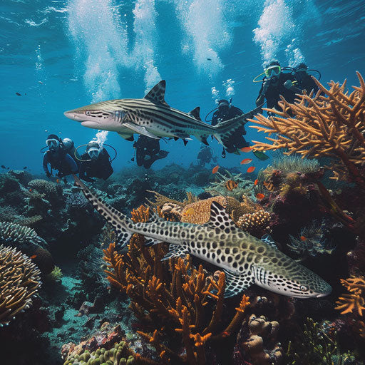 A zebra shark swimming past awe-struck scuba divers near a coral reef
