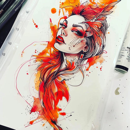Bold and dramatic tattoo sketch of Aphrodite with fiery red and orange watercolor splashes