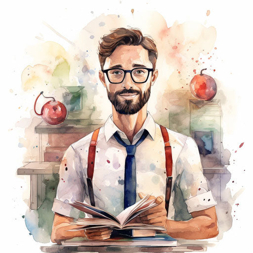 Illustration of a male teacher in the style of Watercolor Art, on a white background