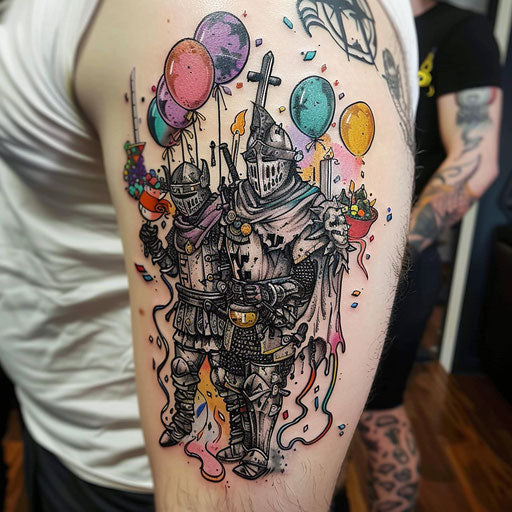 Whimsical tattoo sketch of Dark Souls characters at a party