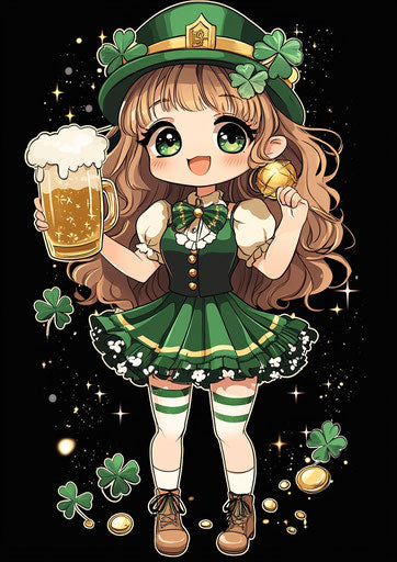 Cute St. Patrick's Day girl with rainbow and beer