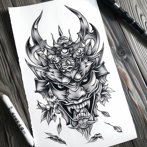 Detailed oni mask tattoo design on white paper background