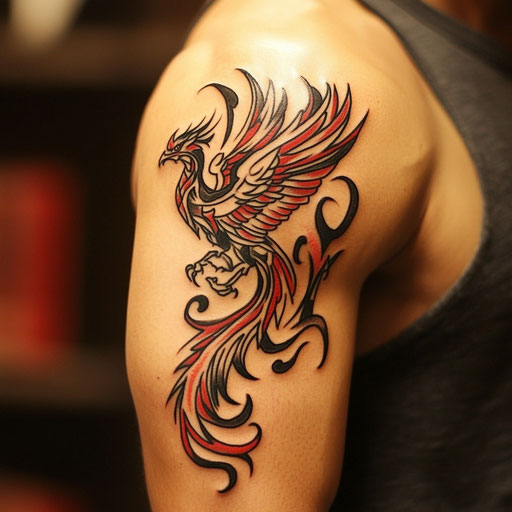 Tribal tattoos for men with a tribal phoenix rising from flames on the bicep in the style of Humberto Ramos