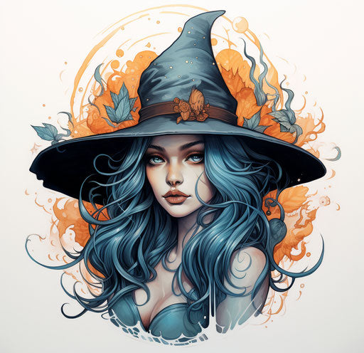 Drawing of a witch with a hat, tattoo style, light blue and amber