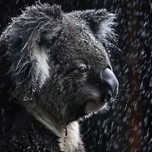 Soaked koala, water droplets on fur, dramatic weather conditions