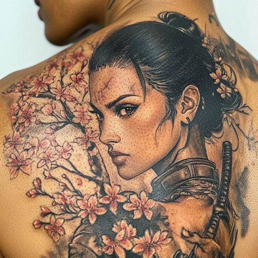 Cherry blossom tree tattoo with warrior goddess in the style of Glenn Fabry