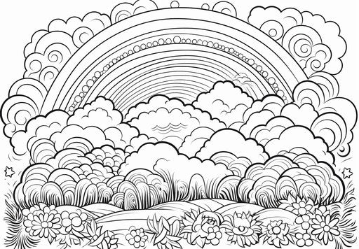 Rainbow coloring page with cloud, pleasing landscape style