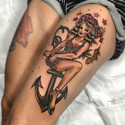 Classic pin-up tattoo with anchor symbolizing enduring love