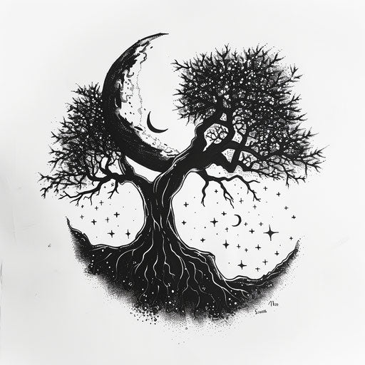Tree, moon, and stars silhouette on white background