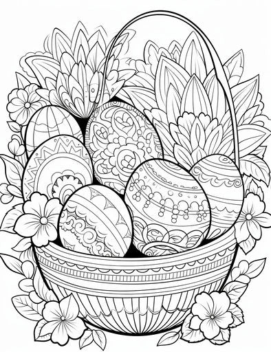 Easter basket coloring page with Easter eggs, ornate simplicity style