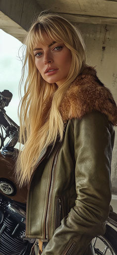 Blonde model in green leather jacket on Snapchat