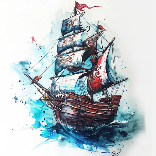 Anime-inspired pirate ship sailing on the high seas, adventurous tattoo concept on white background