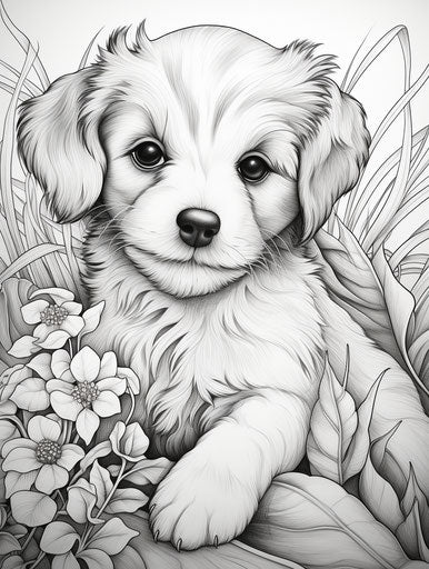 Cute puppy coloring pages, in the style of Nikon D850, UHD image, carving