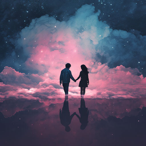 Hand in hand over the stars, soft dreamy tones