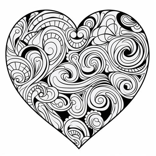 Black and white heart pattern for coloring, in the style of mesmerizing colorscapes, rtx on, poignant, rounded