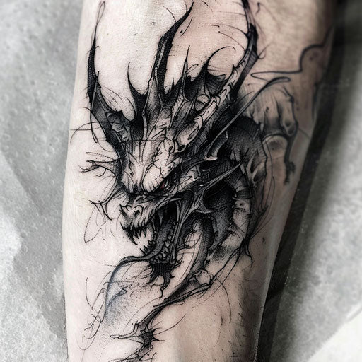 Dark devil tattoo design with stark contrast on white