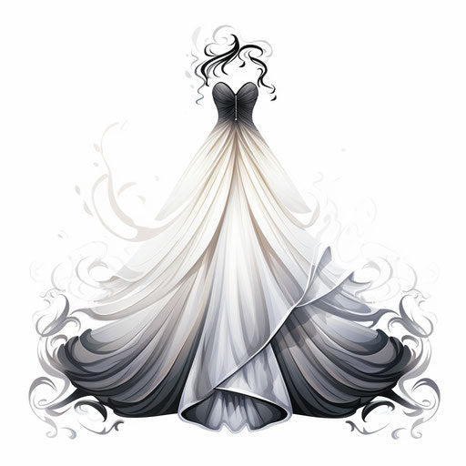 Wedding dress clipart in the style of Chiaroscuro Art on white background