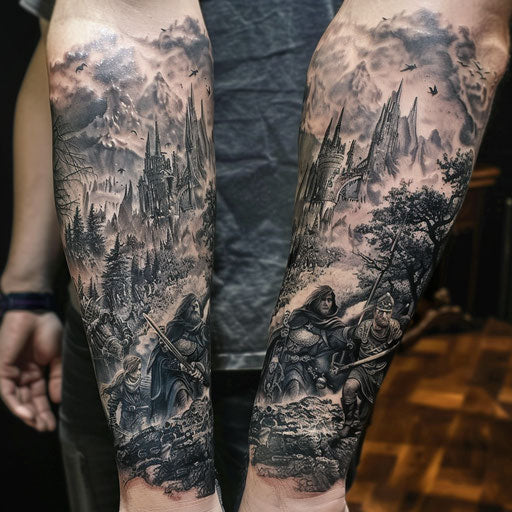 Arm tattoo with epic fantasy scenes