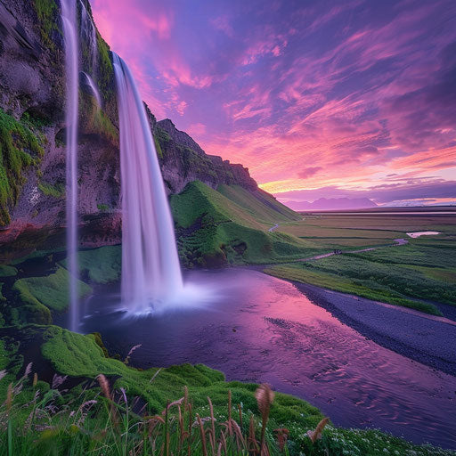 Seljalandsfoss, Iceland, at sunrise with vibrant colors, in the style of William Patino