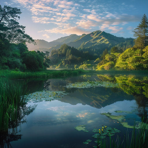 Serene lake reflecting majesty Mount Tamalpais at dawn