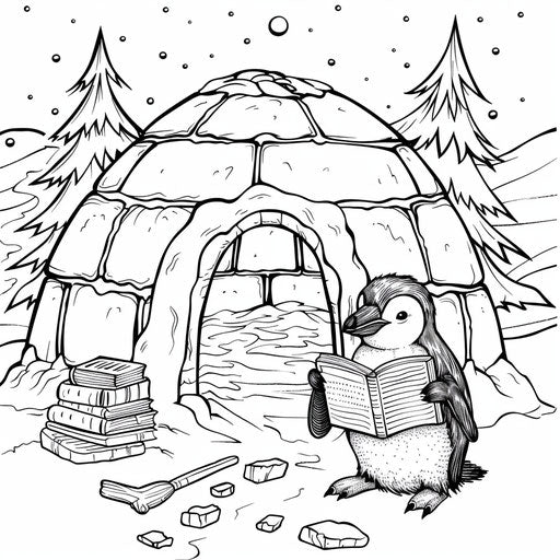 A cute penguin reading a book by a cozy igloo
