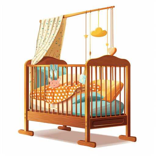 Crib clipart in a photorealistic style on a flat white background, vibrant colors and intricate textures