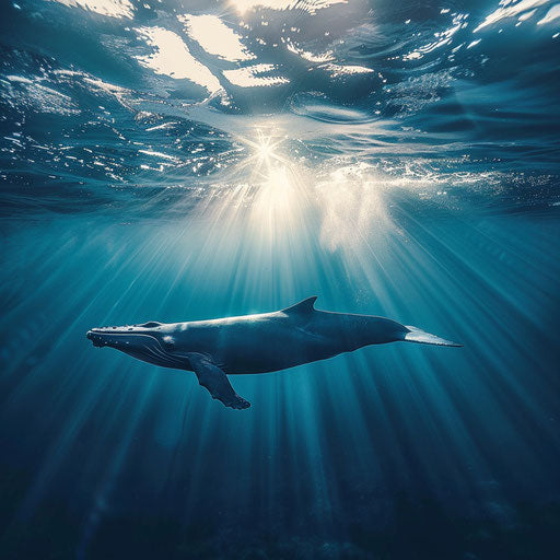 Blue whale gliding under sun rays