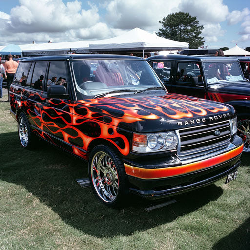 1995 Range Rover converted into hotrod, flames painted on sides, classic car show