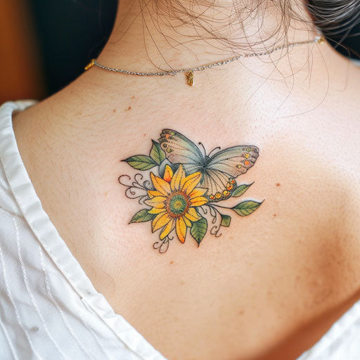 Butterfly and sunflower tattoo with a summer vibe
