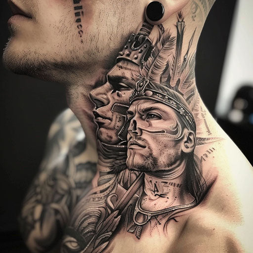 Men's neck tattoo with realistic warrior portraits