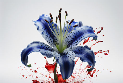 Blue lily against white background, hyperrealistic wildlife portrait style