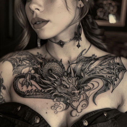 Fantasy chest tattoo with dragons and mystical symbols for women