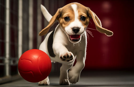 Small beagle puppy playing with a red ball