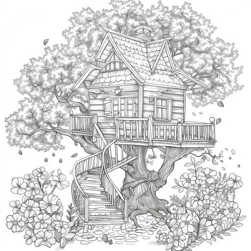 Treehouse surrounded by blooming trees. Coloring page