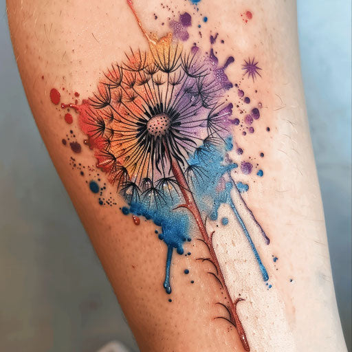 Dandelion tattoo blending with abstract expressionist splatters and drips
