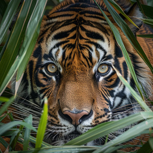 Sumatran tiger hidden in underbrush, intense gaze