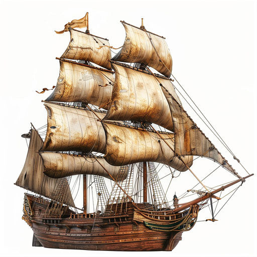 Realistic pirate ship illustration on flat white background