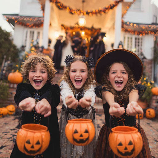 Children in Halloween costumes with trick-or-treat buckets