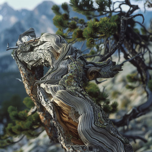 Twisted and gnarled trunk of a whitebark pine