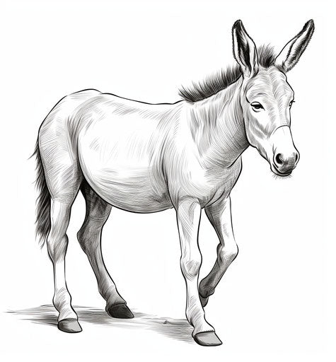 Black and white coloring pages of a donkey, avacadopunk style, high definition 27:29