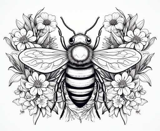 Bee, hand drawn, black and white illustration, stenciled style