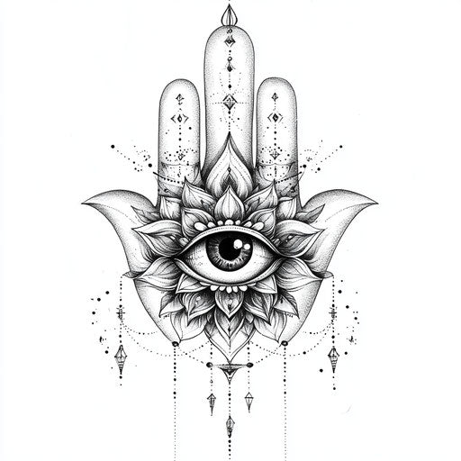 Sketch of hamsa hand tattoo with all-seeing eye and mystical symbols