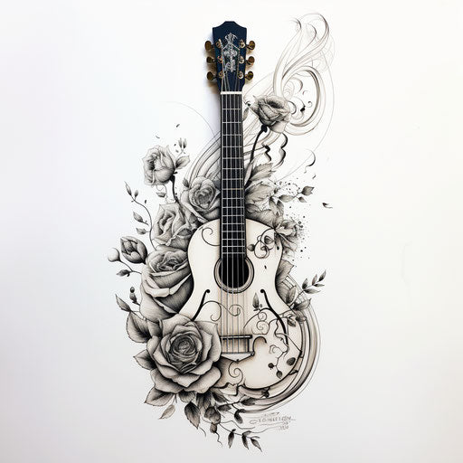 Old guitar tattoo, light white and silver style, flowerpunk