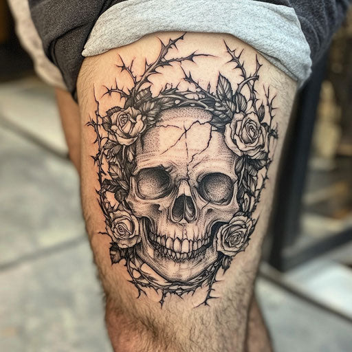 Skull tattoos for men with a skull adorned with roses and thorns