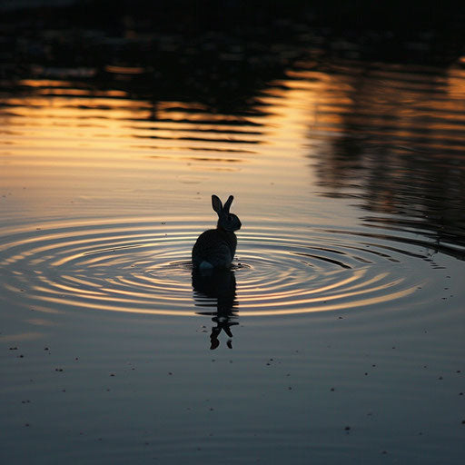 Silhouette of a rabbit hopping by a serene lake at twilight
