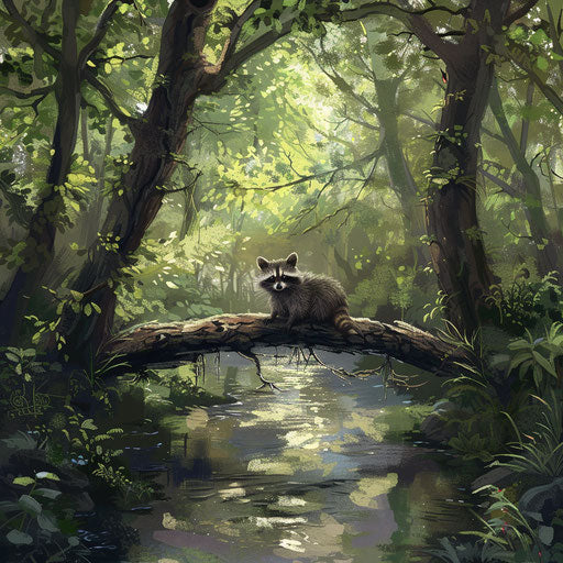 Raccoon crossing a brook on a fallen log in forest