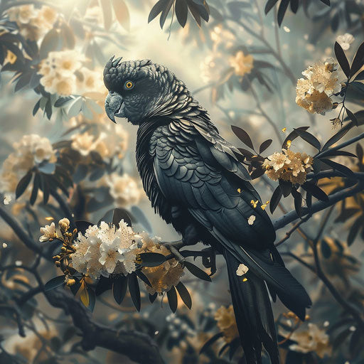 Yellow-tailed cockatoo perched on a flowering bush