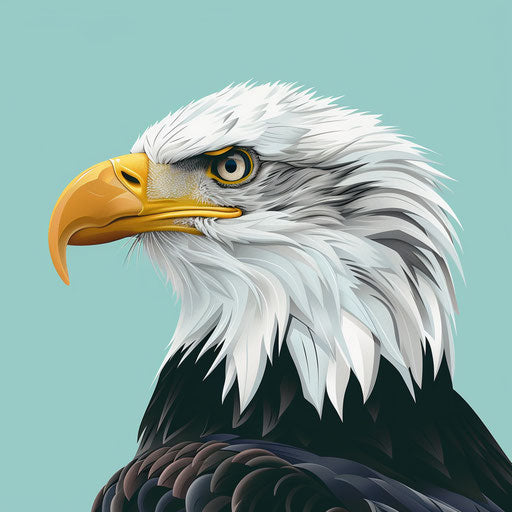 Bald eagle clipart in photorealistic style with a flat brandomlue background, soft focus and light texture