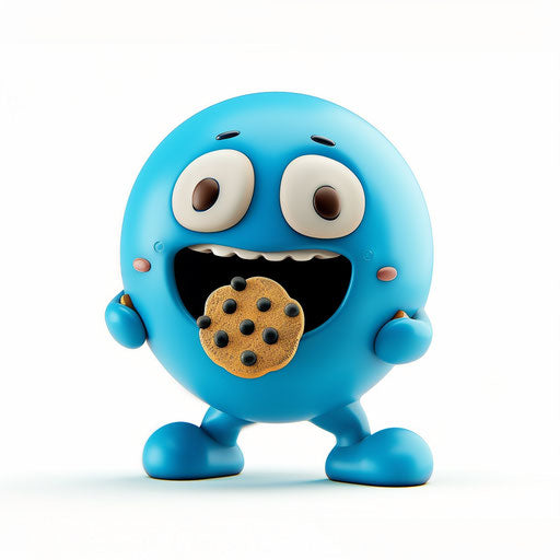 Cartoonish cute blue emoji eating cookies on white background
