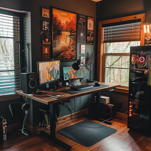 Productive workspace with standing desk and motivational posters